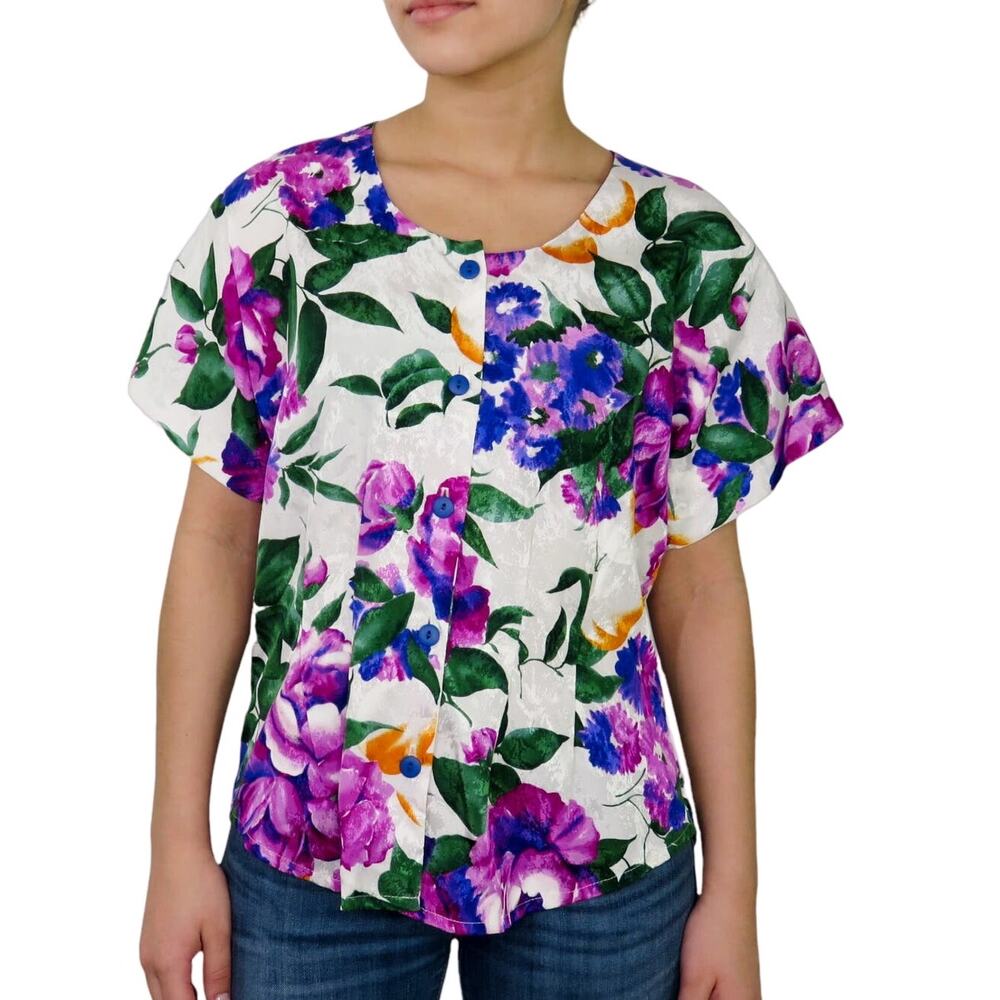 Windridge 1980s Vintage Purple Floral Vibrant Blouse Small Retro Colorful